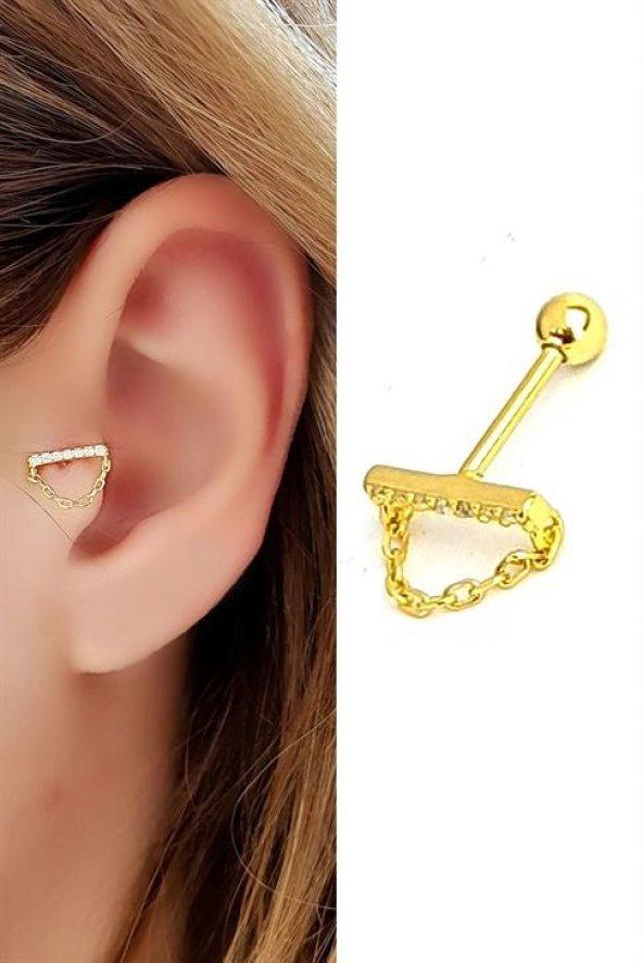 Zirkon Taşlı Zincir Detaylı 925Ayar Gümüş Üzerine Altın Kaplama Tragus Ve Kıkırdak Piercing ürün görseli 1