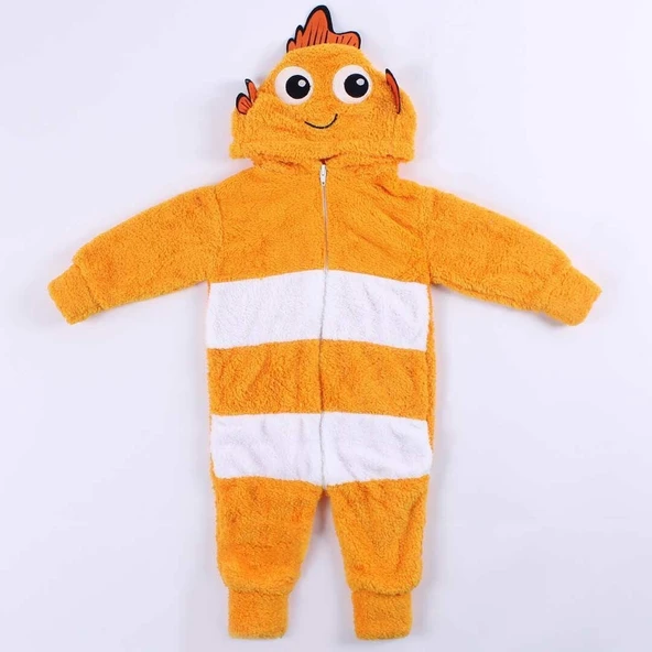 Unisex Polar Sarı Kapşonlu Balıklı Peluş Welsoft Tulum ürün görseli 1