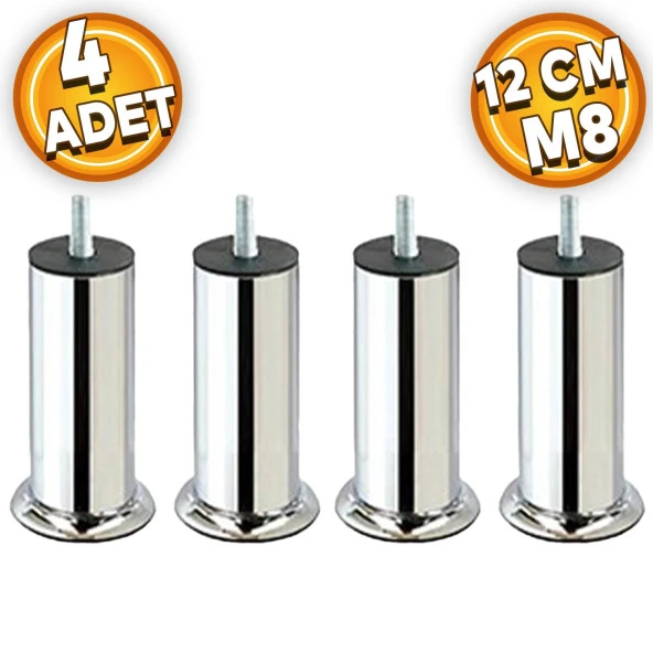 Mobilya Kanepe Baza Koltuk Ünite Destek Ayağı M8 Civata 12 cm Krom Metal Yükseltici İnce Diş Ayak (4 ADET) ürün görseli 1