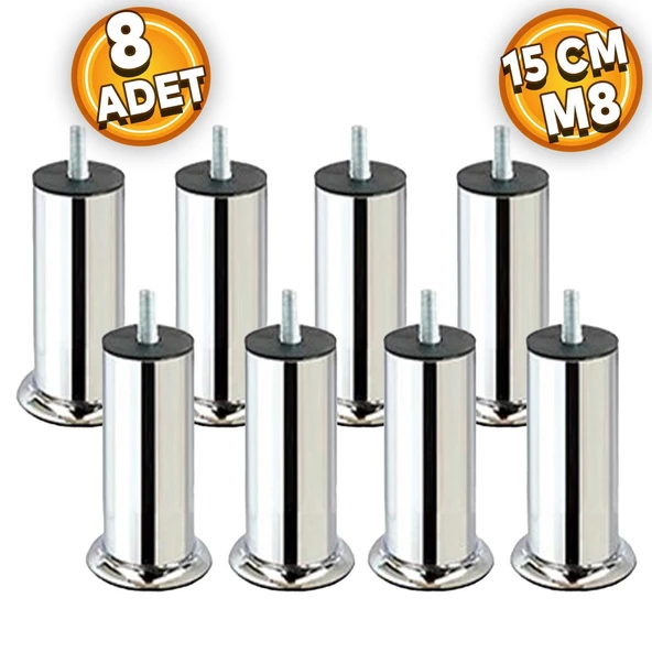 Mobilya Kanepe Baza Koltuk Yatak Çekyat Yükseltme Ayağı Ince Diş M8 Krom Metal Ayakları 15 Cm 8 Adet ürün görseli 1