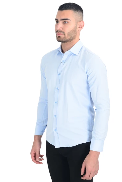 Cengiz İnler Standart Yaka Petek Doku Cepsiz Slim Fit Erkek Gömlek ürün görseli 1