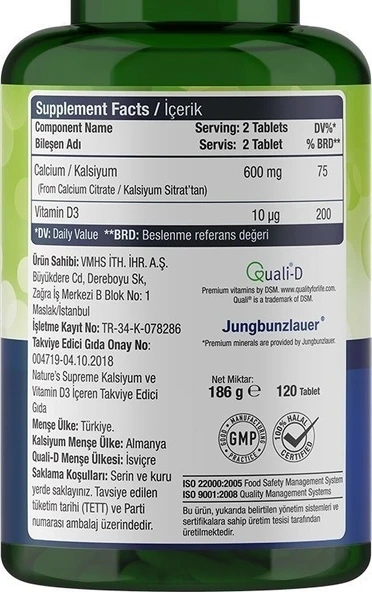 Natures Supreme Calcium With Vitamin D3 120 Tablet - Resim 2