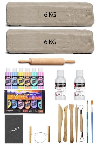 Beyaz Seramik Hamuru 12 kg Kil Ebeşuar Seti Mastermix Pastel Akrilik Set Parlak Vernik Ahşap Merdane ürün görseli 1