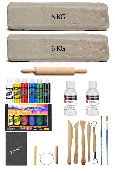 Beyaz Seramik Hamuru 12 kg Kil Ebeşuar Seti 5'li Mastermix Akrilik Parlak Vernik Ahşap Merdane ürün görseli 1