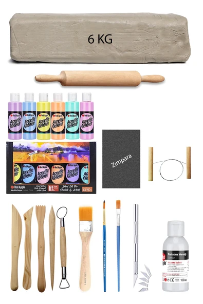 Beyaz Seramik Hamuru 6 kg Kil Ebeşuar Set Mastermix Pastel Akrilik Set Parlak Vernik Merdane Kretuar ürün görseli 1