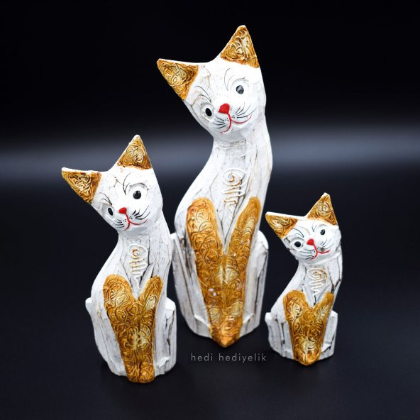 Ahşap Kedi Biblosu, 25 cm, Üçlü Biblo, Dekoratif Hediye ürün görseli 1