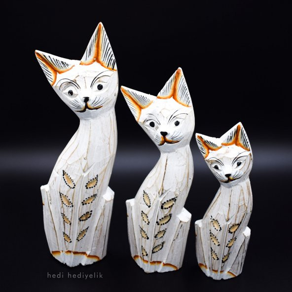 Ahşap Kedi Biblosu, 30 cm, Üçlü Biblo, Dekoratif Hediye ürün görseli 1