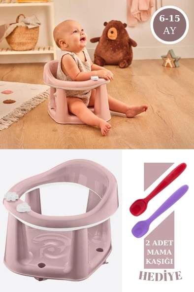 Flosoft Vakumlu Bebek Banyo & Mama Oturağı + Silicolife 2 Adet Silikon Mama Kaşığı Hediye Pembe ürün görseli 1