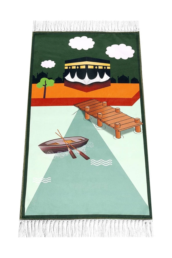 Dijital Baskılı Çocuk Seccadesi - Kayıklı Kabeli Yeşil Renk - 44 X 78 cm ürün görseli 1