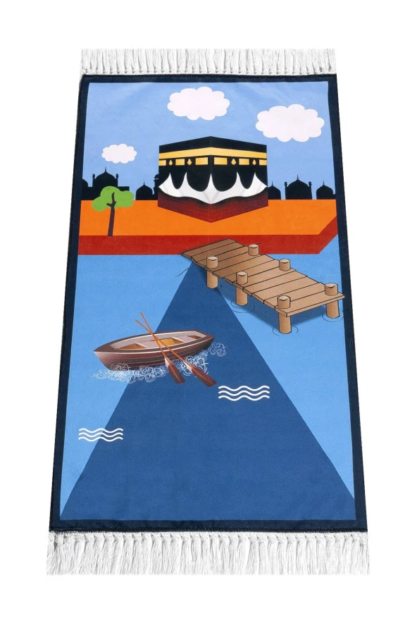 Dijital Baskılı Çocuk Seccadesi - Kayıklı Kabeli Mavi Renk - 44 X 78 cm ürün görseli 1