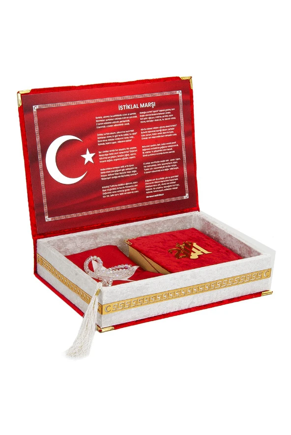 Türk Bayrağı Kutu Tasarımlı Tesbihli Kadife Kuran-ı Kerim Seti ürün görseli 1