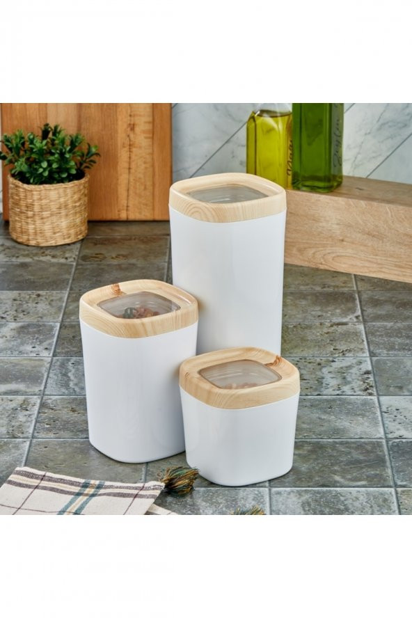 Mugiss Saklama Kabı Ahşap Kaplama Kapak Beyaz Renkli Hazne 3lü Set 1800ml 1000ml 600ml ürün görseli 1