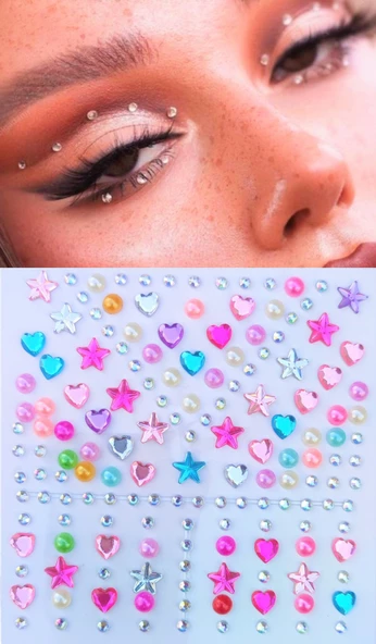 Renkli İnci, Yıldız, Kalpli Model 159 Adet Işıltılı Yüz Ve Vücut Taşı Sticker ürün görseli 1