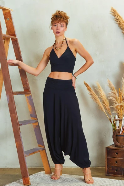 Drape Detay Beli Lastikli Şalvar Pantolon - Resim 3