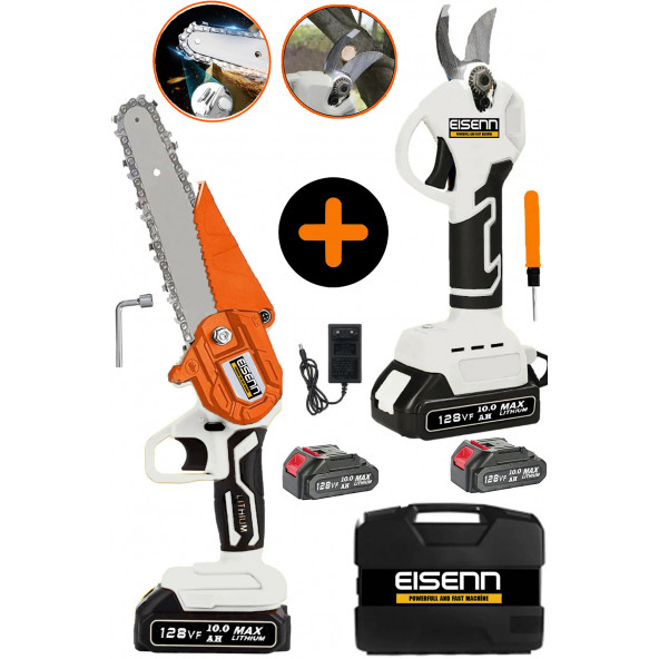 Eisenn Alman 128 V 10 Ah 2 Li Set Çift Akülü Bağ Budama Makası +Çelik Şanzuman 17 CM Şarjlı Dal Ağaç Kesme ürün görseli 1