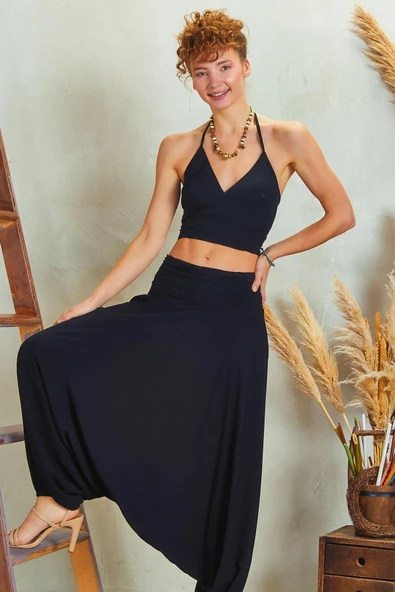 Drape Detay Beli Lastikli Şalvar Pantolon - Resim 4