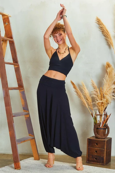 Drape Detay Beli Lastikli Şalvar Pantolon - Resim 2