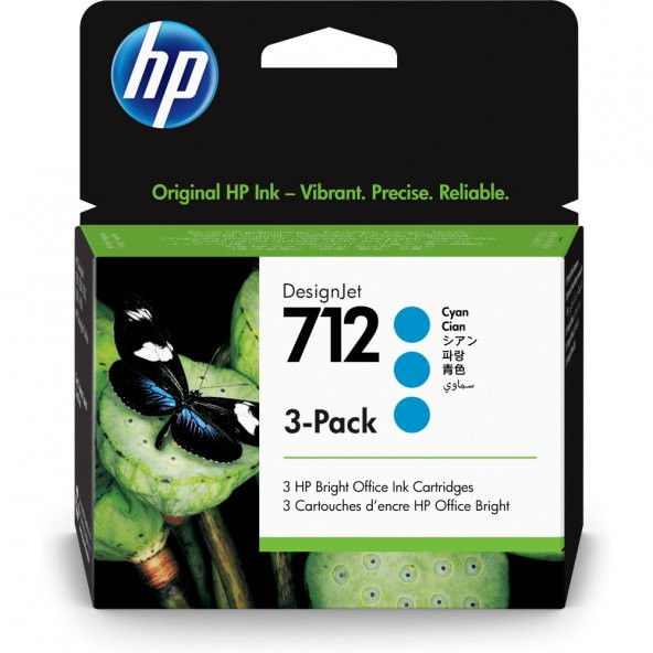HP 712 Cyan Mavi 29ML 3Lü Paket Plotter Kartuşu 3ED77A ürün görseli 1