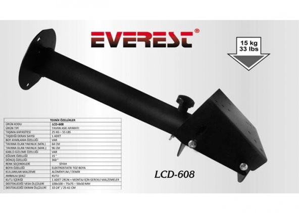 Everest LCD-608 50-50 10"-24" Tv Tavan Askı Aparatı ürün görseli 1
