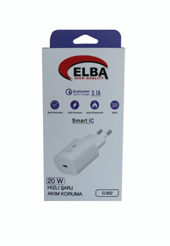 Elba ELB02-20WPD Beyaz 20W USB-C Şarj Kafa PD 3.0-QC4.0(Akıllı Koruma-Hızlı Şarj-Isıya Dayanıklı) ürün görseli 1