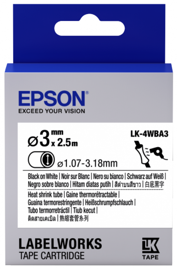 Epson LK-4WBA3 Isıyla Daralan Siyah Üzeri Beyaz 3MM 2,5Metre Etiket ürün görseli 1