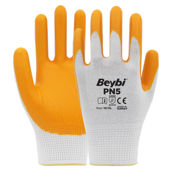 Beybi Nitril PMK PN5 Beyaz Sarı Örme Polyoster Nitril 10 Beden 12li Paket EN388 (3121X) ürün görseli 1
