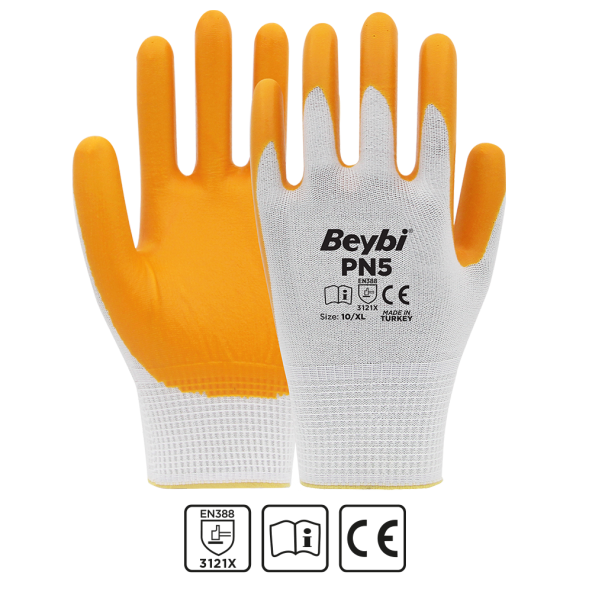 Beybi Nitril PMK PN5 Beyaz Sarı Örme Polyoster Nitril  9 Beden 12li Paket EN388 (3121X) ürün görseli 1