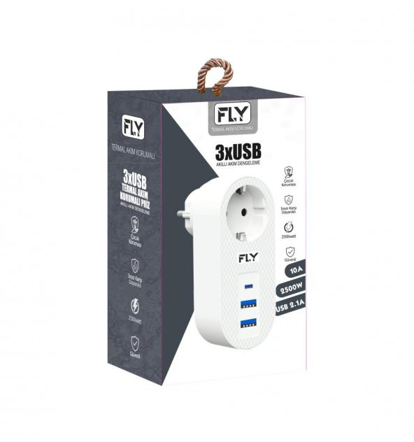 FLY-3400-01 Akım Korumalı.1 li Priz 2-Usba 1-C Soket 2.1A 10A 2500W ürün görseli 1