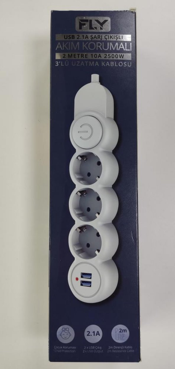 Fly 3393-01 3lü 2mt 2.1A Anahtarlı 2Usb Şarj Çıkışlı Akım Korumalı 2500w ürün görseli 1