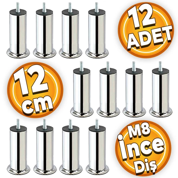 Mobilya Kanepe Koltuk Baza Yatak Çekyat Yükseltme Ayağı M8 Ince Diş Metal Ayakları 12 Cm 12 Adet ürün görseli 1