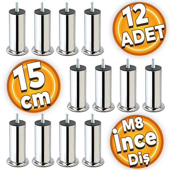 Mobilya Kanepe Baza Koltuk Yatak Çekyat Destek Yükseltme Ayağı M8 15 Cm Krom Metal Ayakları 12 Adet ürün görseli 1