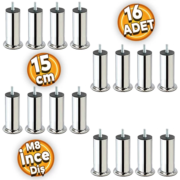 Mobilya Kanepe Baza Yatak Çekyat Koltuk Destek Ayağı M8 Krom Metal Ince Diş Ayakları 15 Cm 16 Adet ürün görseli 1
