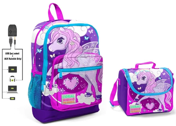 Coral High Mavi Unicorn Baskılı Okul Çantası ve Beslenme Çantası Seti - Kız Çocuk - USB Soketli ürün görseli 1