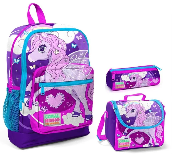 Coral High Mor Unicorn Baskılı Kız Çocuk 3'lü İlkokul Çanta Seti ürün görseli 1