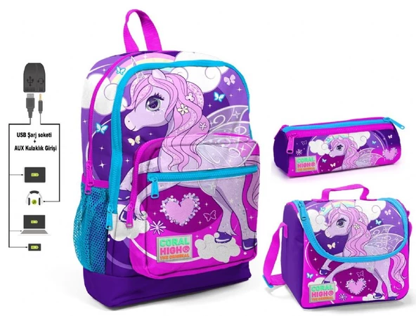 Coral High Mor Unicorn Baskılı Kız Çocuk İlkokul Çanta Seti - USB Çıkışlı ürün görseli 1