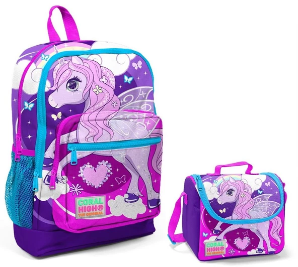 Coral High Mor Unicorn Baskılı Kız Çocuk İlkokul Çantası ve Beslenme Seti ürün görseli 1