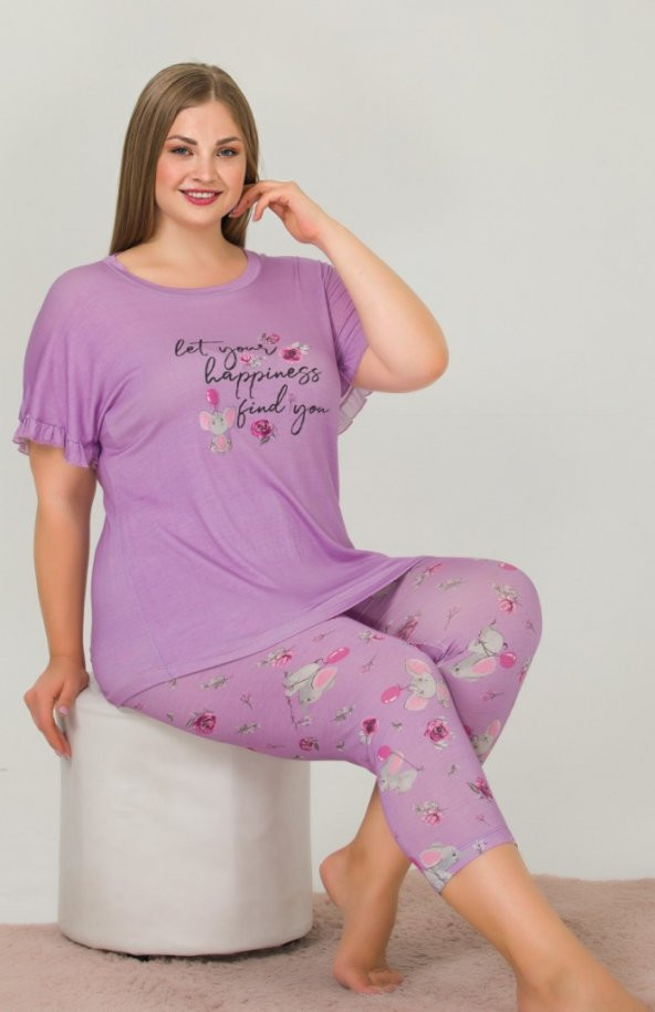 Lila Kısa Kollu Büyük Beden Kapri Pijama Takımı ürün görseli 1
