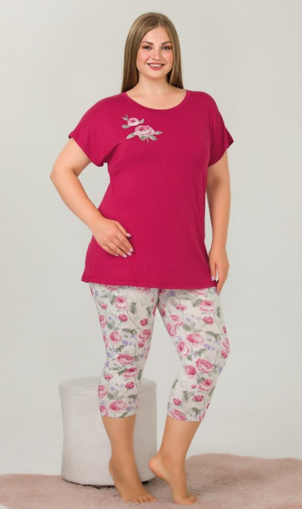Pembe Kısa Kollu Büyük Beden Kapri Pijama Takımı ürün görseli 1