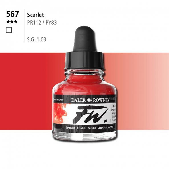 Daler Rowney Fw Acrylic Artisits Ink 29.5 ml Damlalıklı Cam Şişe Scarlet 567 ürün görseli 1