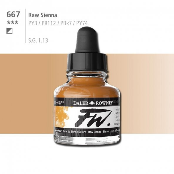 Daler Rowney Fw Acrylic Artisits Ink 29.5 ml Damlalıklı Cam Şişe Raw Sienna 667 ürün görseli 1