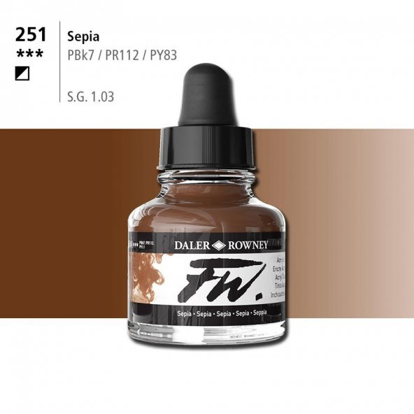 Daler Rowney Fw Acrylic Artisits Ink 29.5 ml Damlalıklı Cam Şişe Sephia 251 ürün görseli 1