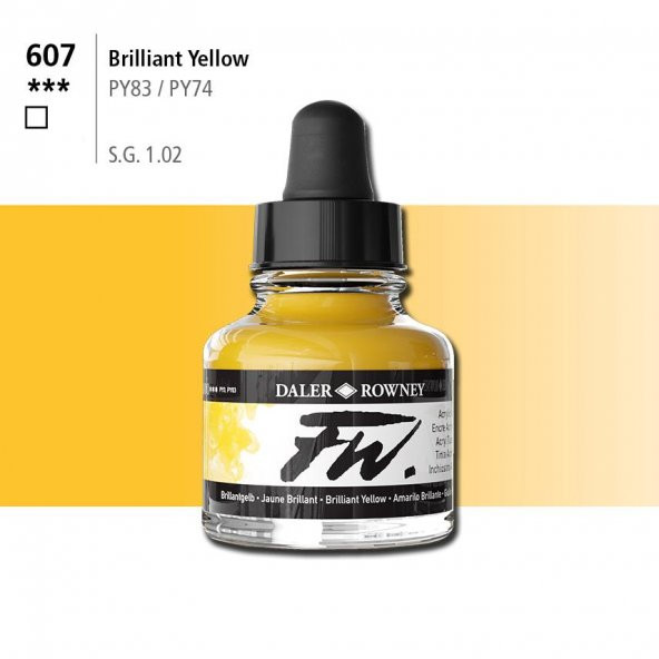 Daler Rowney Fw Acrylic Artisits Ink 29.5 ml Damlalıklı Cam Şişe Brilliant Yellow 607 ürün görseli 1