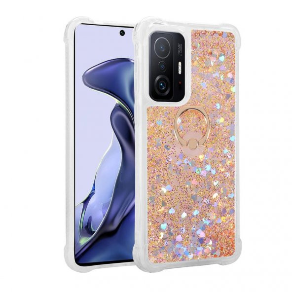 Xiaomi Mi 11T 5G Kılıf Sıvılı Simli Pullu Yüzüklü Standlı Lüx Silikon ürün görseli 1