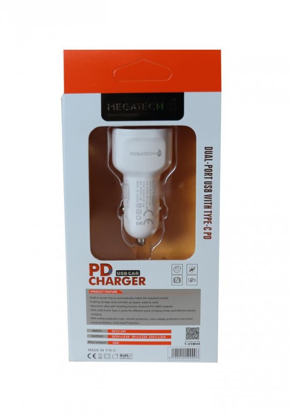 Megatech T05-M40 Beyaz  40W PD-USB Araç Çakmaklık Şarj Başlığı Hızlı Şarj ürün görseli 1