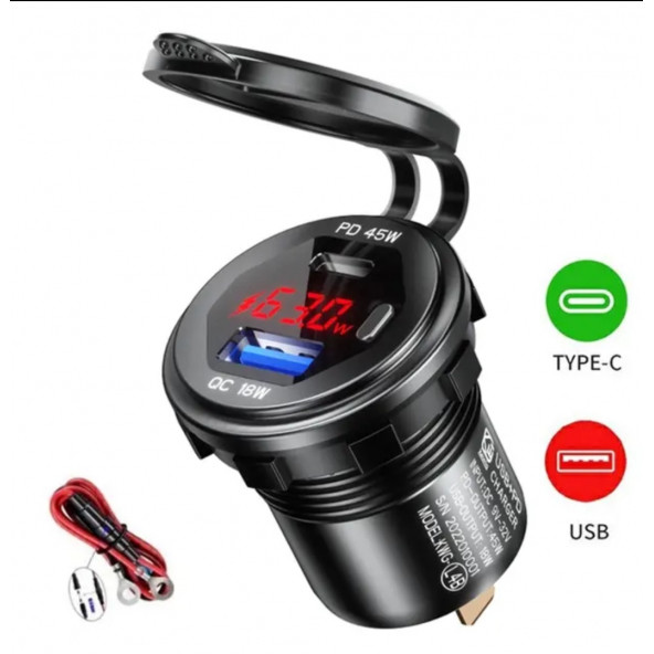12-24volt Araç/tekne/motosiklet için (Quick) Hızlı Şarj Voltmetre Usb/Type C Portlu Kırmızı Işık ürün görseli 1