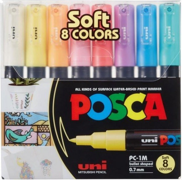 Uni Posca 0.7 Su Bazlı Poster Markörü Soft Renk 8li ürün görseli 1