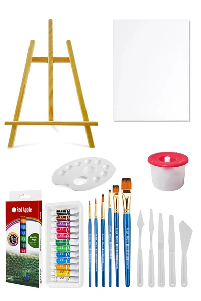 Acuto Masaüstü Şövale Red Apple Akrilik Boya Seti 9 ml 12li Tuval Seti 25x35 Plastik Spatula Seti ürün görseli 1