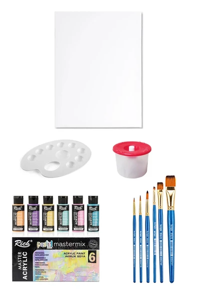 Mastermix Akrilik Boya Seti 60 cc 6 Pastel Renk Tuval Seti 35x50 Tuval Boyama Seti Su Kabı Palet ürün görseli 1