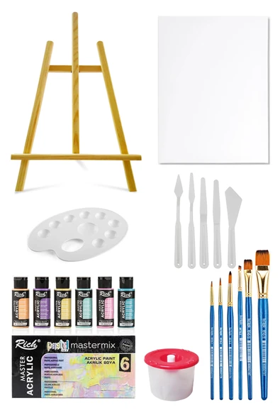 Mastermix Akrilik Boya Seti 6 Pastel Renk Masaüstü Şövale Seti Tuval Seti 35x50 Plastik Spatül Seti ürün görseli 1