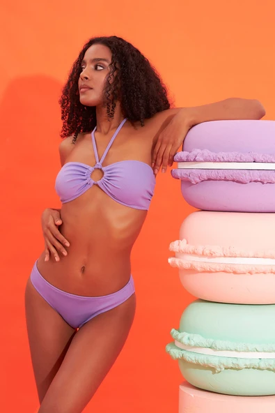 Lila Fitilli Straplez Tek Üst Bikini - Resim 3